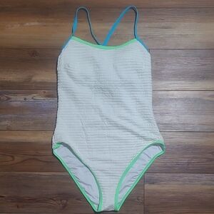 White One-Piece Swimsuit with Green and Blue Trim